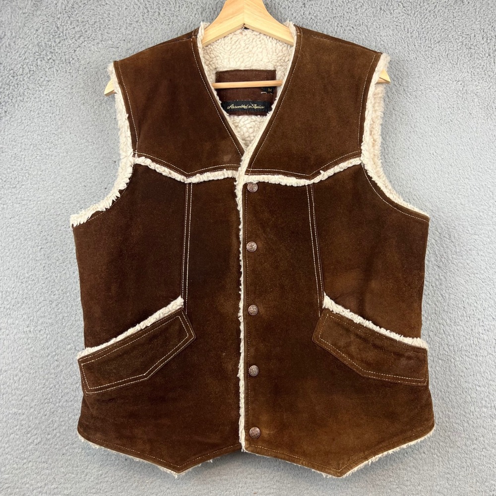 Vintage 70s‎ Mens Suede Sherpa Lined Vest Brown Western Button Front Pockets  M